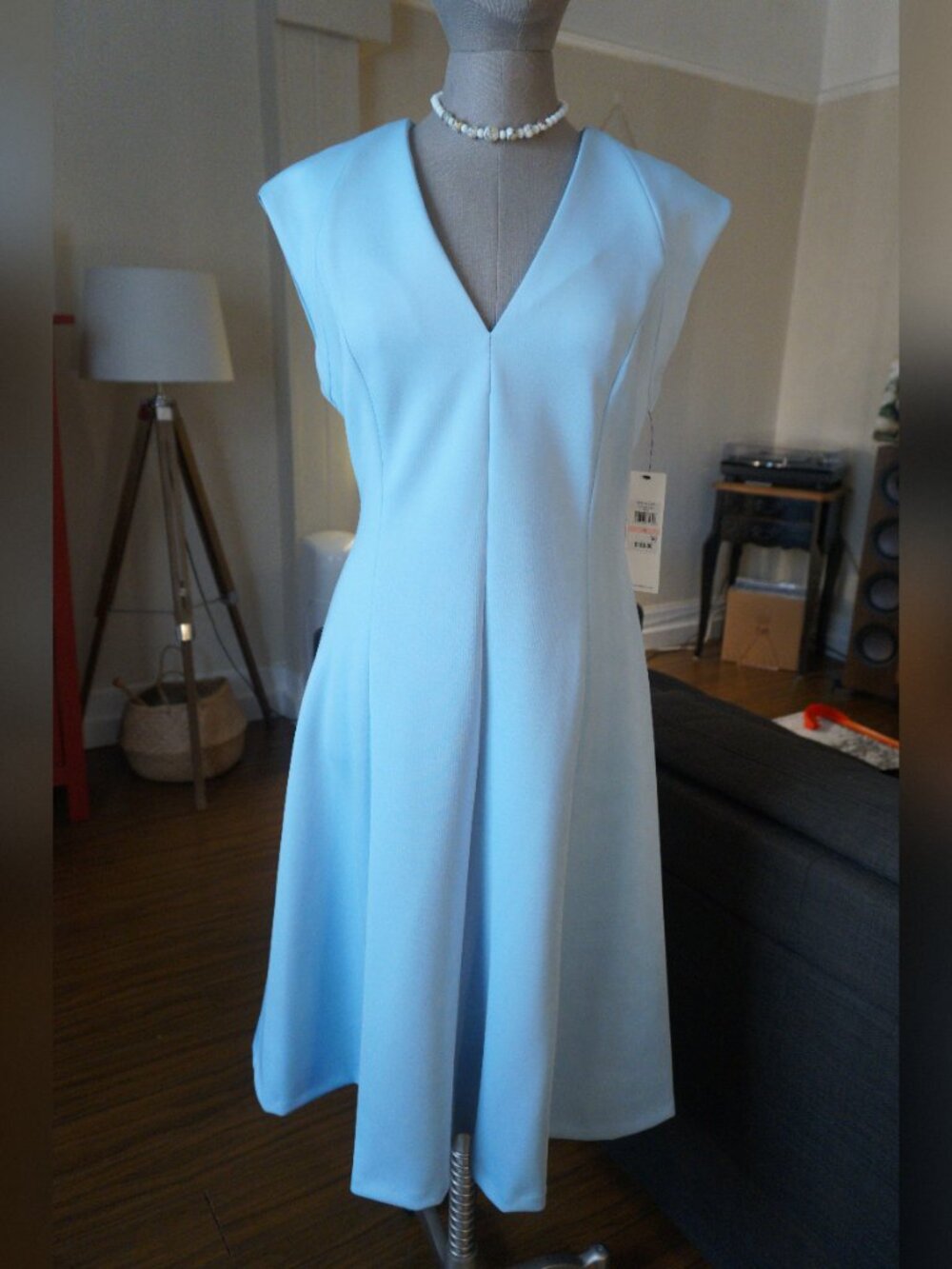 🩵 NWT Calvin Klein Light Powder Blue V-Neck A-Line Midi Dress Size 10 🩵